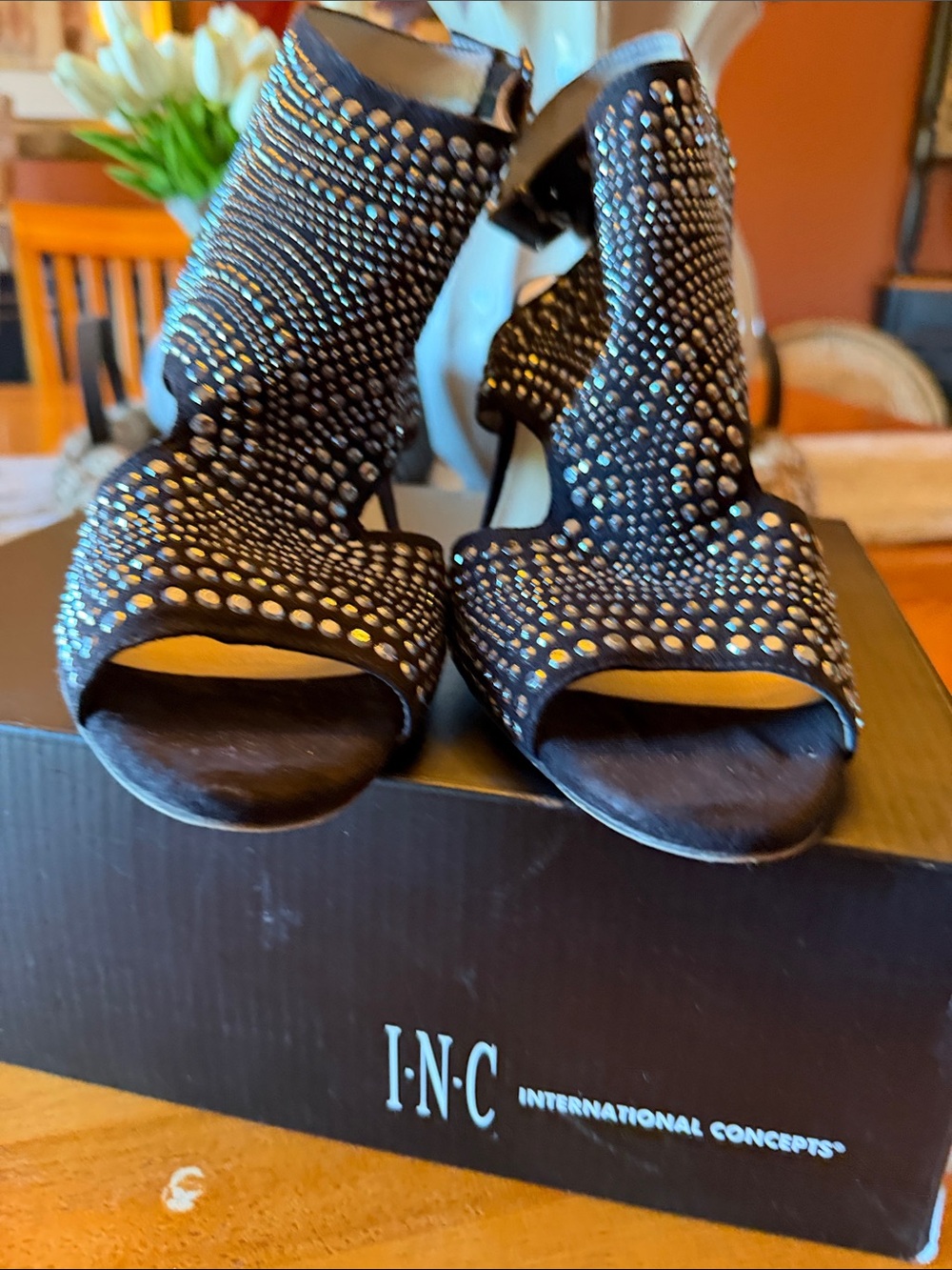 INC International Concepts Black Studded Open-Toe High Heels